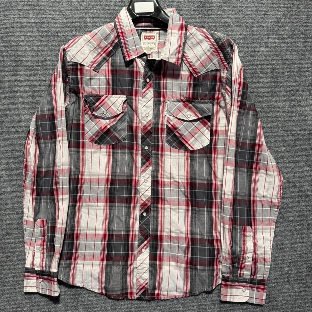 Levi's Western Shirt Pearl Snap Red Tab Mens Plaid Size Large Red White